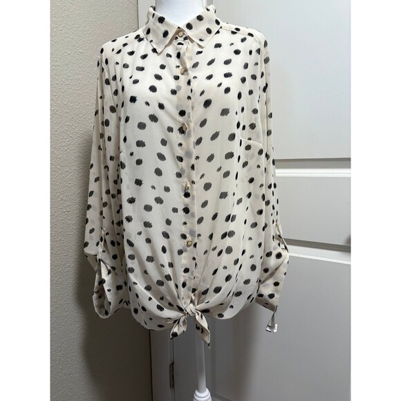 Blouse Ab Studio sheer white ( cream ) leopard print NWT XL tie front - Picture 2 of 8